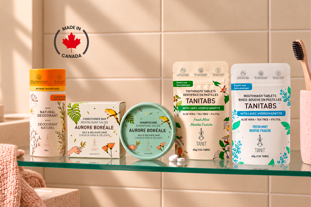 TANIT everyday essentials on a shelf, made in Canada