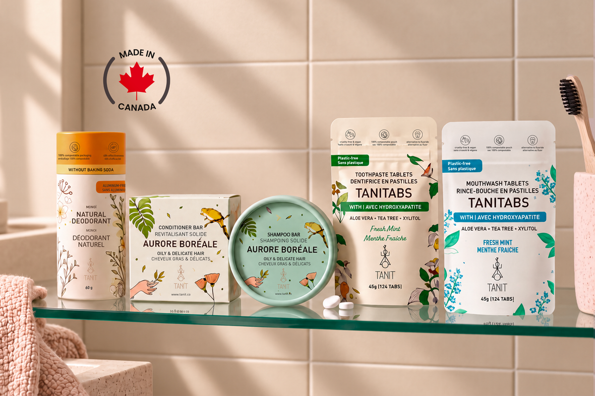 TANIT everyday essentials on a shelf, made in Canada