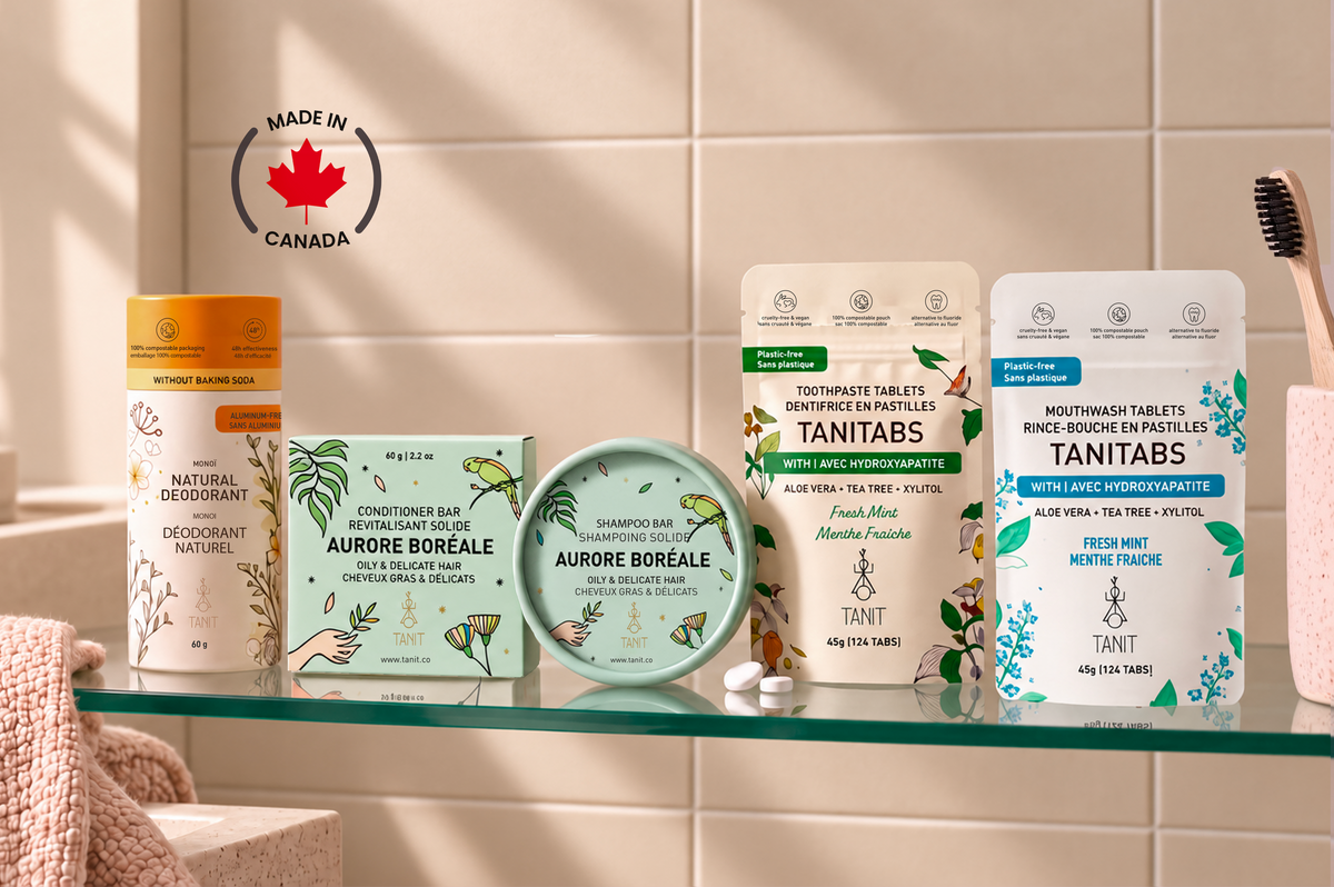 TANIT everyday essentials on a shelf, made in Canada