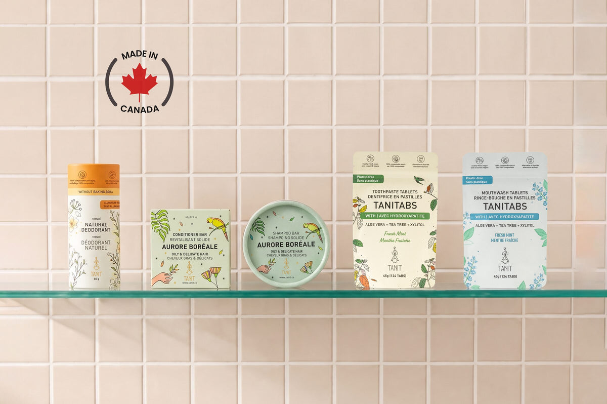 TANIT everyday essentials on a shelf, made in Canada