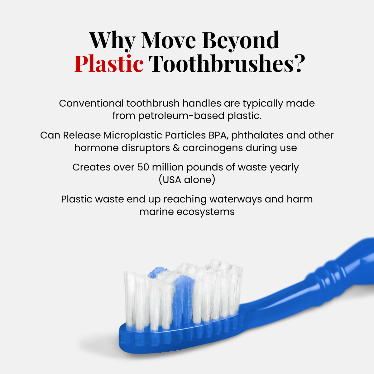 Why move beyond plastic toothbrushes: petroleum-based handles, microplastic release, landfill and waterway waste