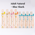 Adult Natural + Blue Shark: four Natural adult bamboo toothbrushes with four Blue Shark kids toothbrushes