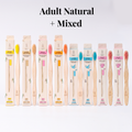 Adult Natural + Mixed: four Natural adult bamboo toothbrushes with two Blue Shark and two Pink Elephant kids toothbrushes