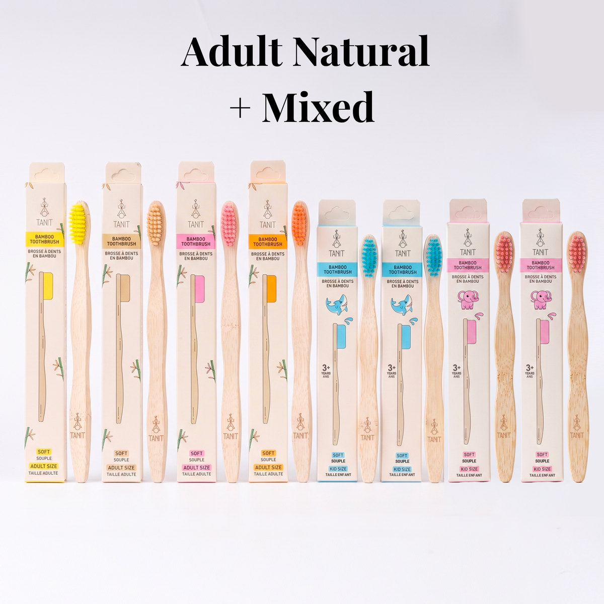 Adult Natural + Mixed: four Natural adult bamboo toothbrushes with two Blue Shark and two Pink Elephant kids toothbrushes