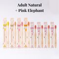 Adult Natural + Pink Elephant: four Natural adult bamboo toothbrushes with four Pink Elephant kids toothbrushes