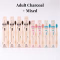 Adult Charcoal + Mixed: four Charcoal adult bamboo toothbrushes with two Pink Elephant and two Blue Shark kids toothbrushes