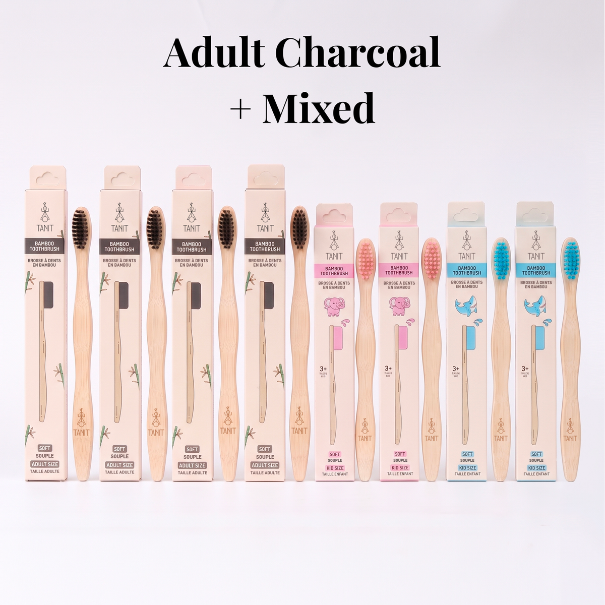 Adult Charcoal + Mixed: four Charcoal adult bamboo toothbrushes with two Pink Elephant and two Blue Shark kids toothbrushes