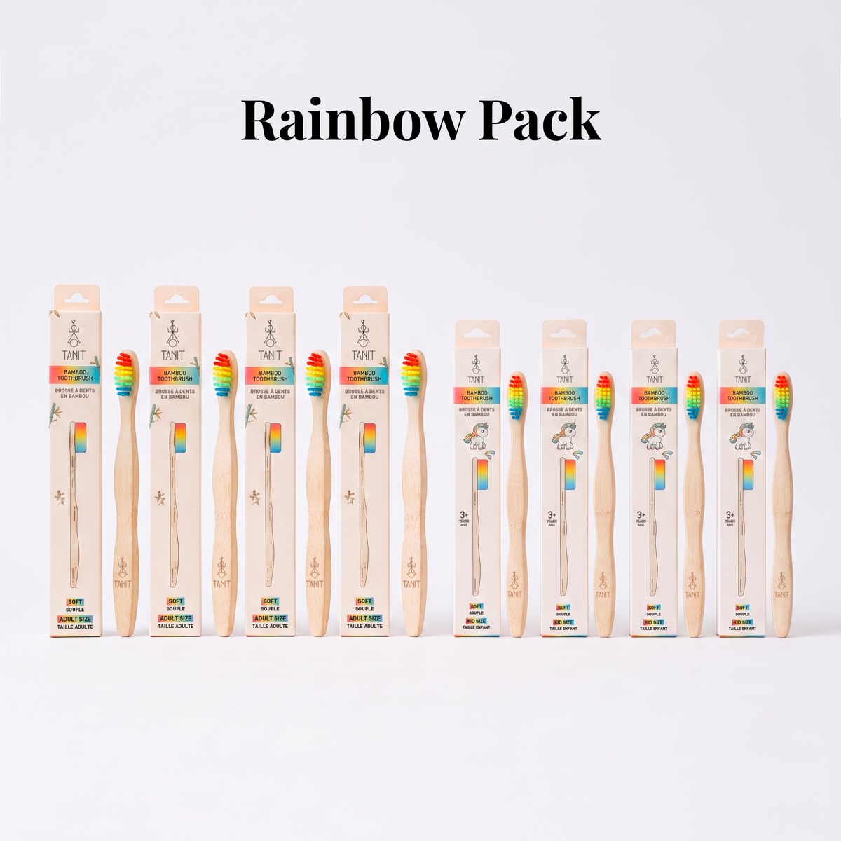 Rainbow Pack: four Rainbow adult bamboo toothbrushes with four Rainbow kids toothbrushes