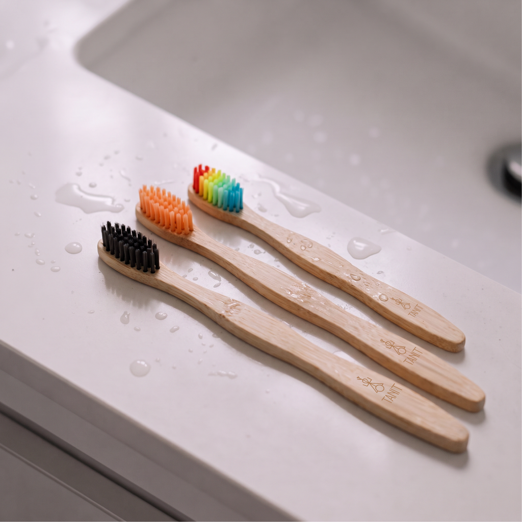 Three TANIT bamboo toothbrushes resting on the edge of a sink